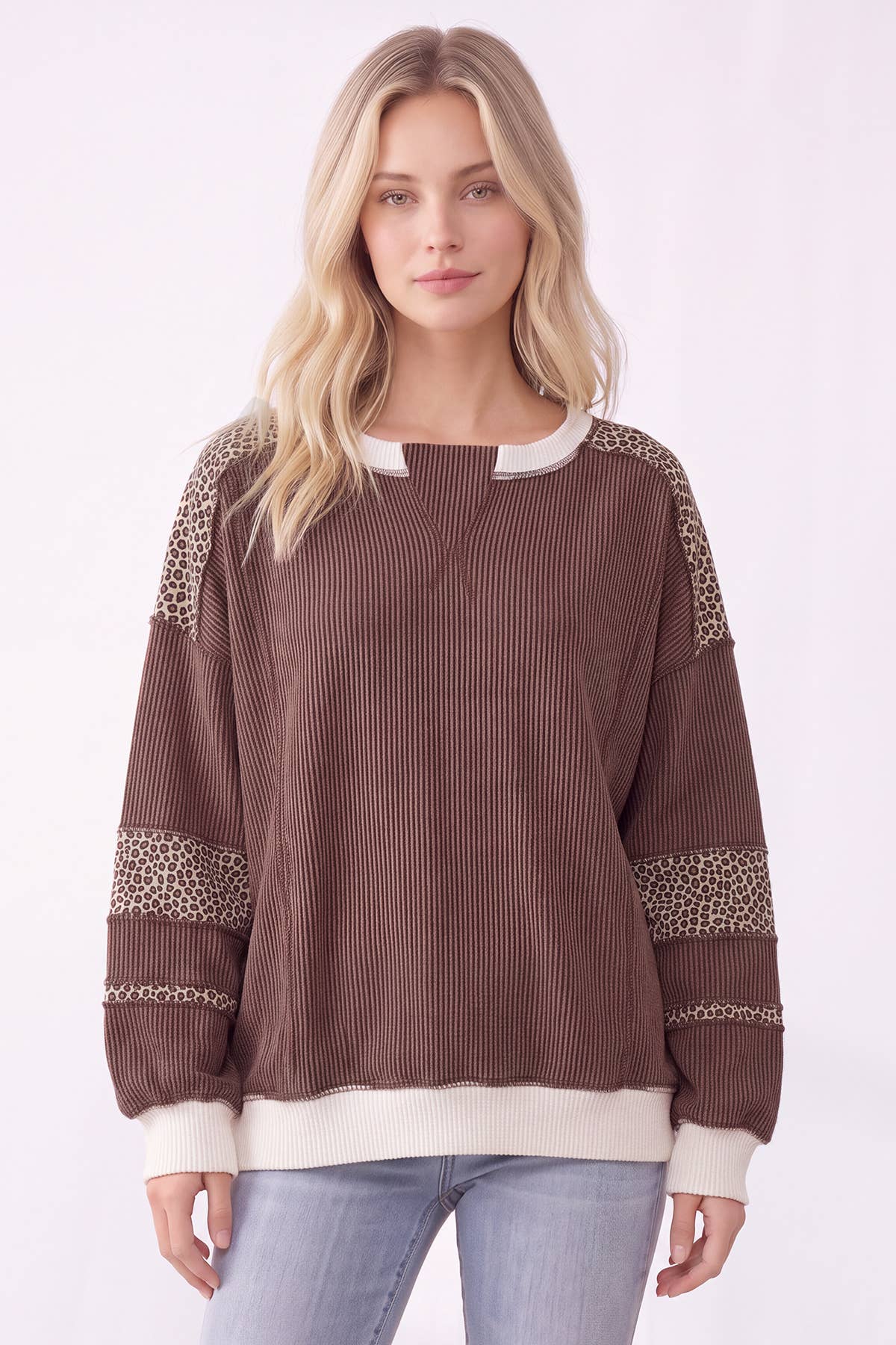 [PLUS SIZE] Leopard Print Contrast ribbed Sweatshirt T6508XL