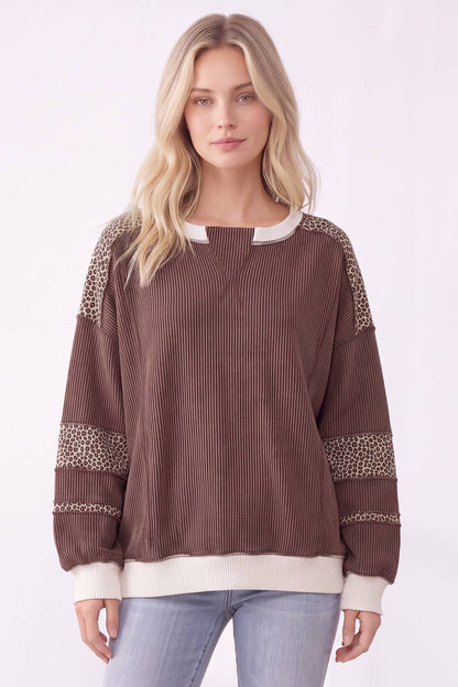 [PLUS SIZE] Leopard Print Contrast ribbed Sweatshirt T6508XL