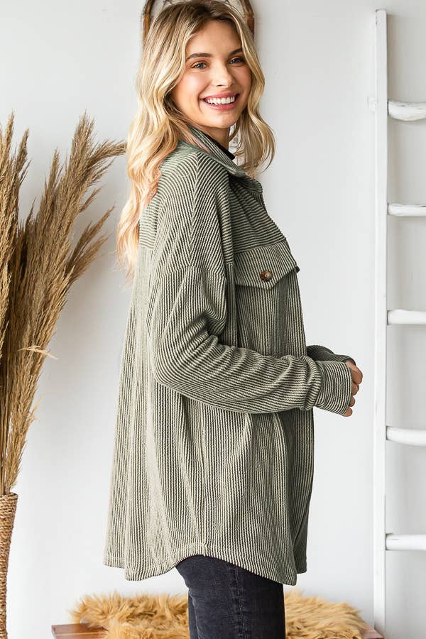 Rib Drop Shoulder Patch Pockets Button Down Shacket T4806