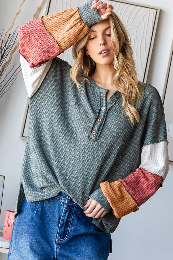 Waffle Knit Color Block Button Front Balloon Sleeve Top
