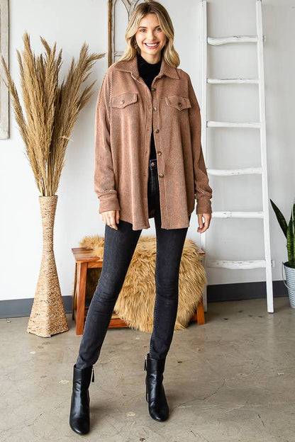 Rib Drop Shoulder Patch Pockets Button Down Shacket T4806