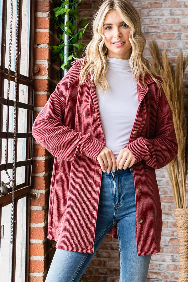 Button Down Side Pockets Long Sleeve Shacket
