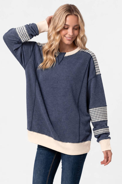 Color Block Houndstooth Contrast Sweatshirt T6490