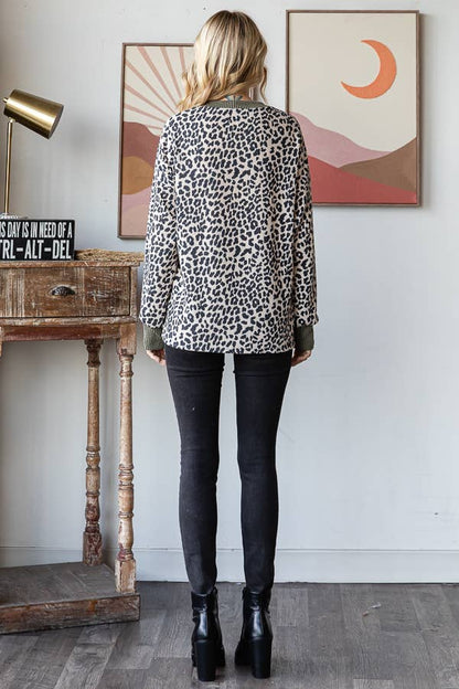 Rib Animal Print Drop Shoulder V Seam Long Sleeve Top T5817