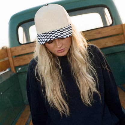 C.C Check Board Pattern Print Two Tone Canvas Trucker Hat