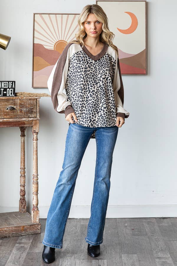 Animal Color Block V Neck Long Sleeve Pullover Top T5821