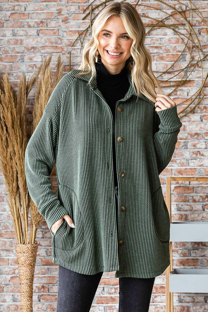 Button Down Side Pockets Long Sleeve Shacket