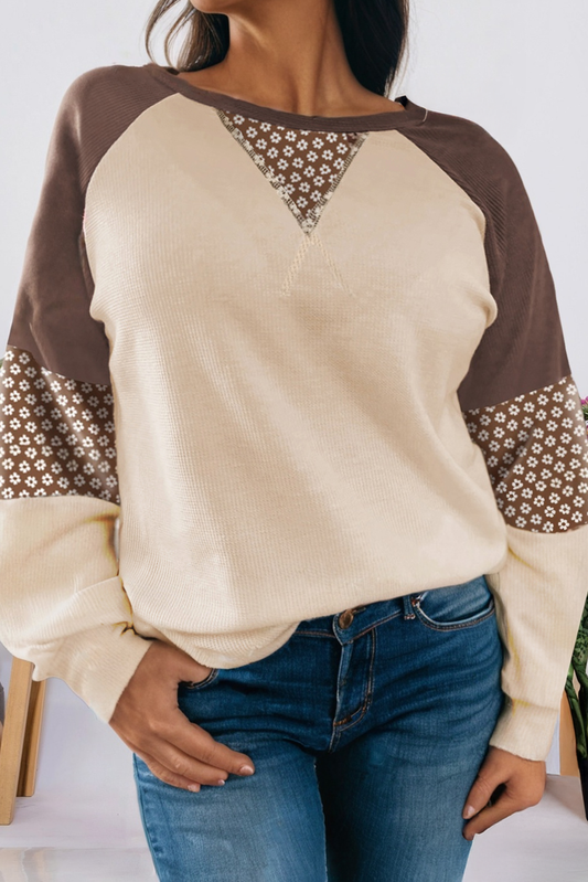 Floral Print Patchwork Color Block Long Sleeve Top (S-XL)