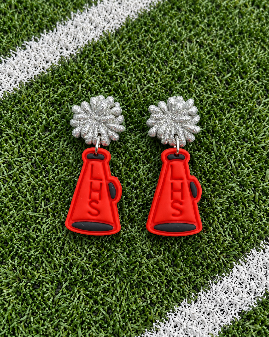 Red and black LHS megaphone dangle earrings with sparkling silver pom-pom stud tops, school spirit cheer earrings for game days, pep rallies, and football season.