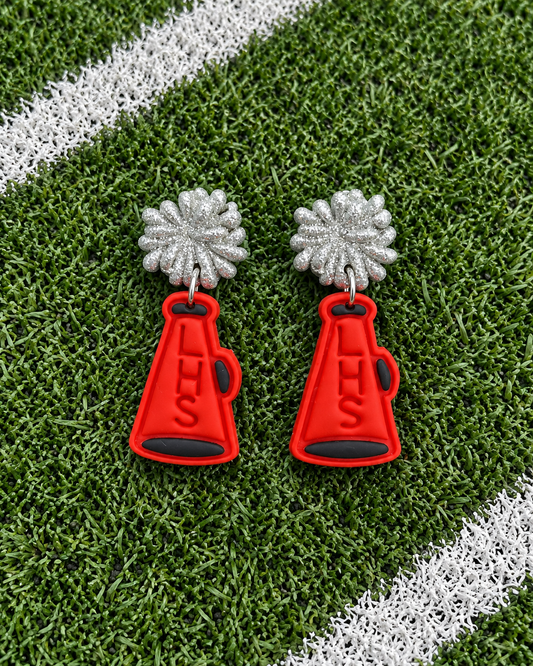 Red and black LHS megaphone dangle earrings with sparkling silver pom-pom stud tops, school spirit cheer earrings for game days, pep rallies, and football season.