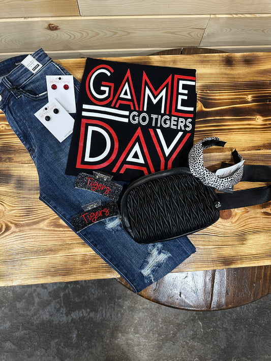 Black Bella Canvas Tee with Game Day in a Red and White colored two lined text with Go Tigers written in lined text in the center. Perfect for sports, outings, school functions.