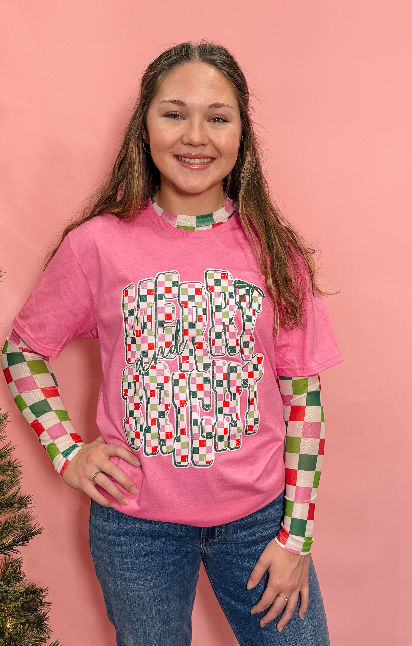 Checkered Christmas Mesh Top