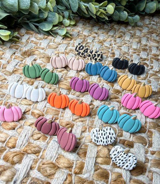 Copy
Colorful pumpkin stud earrings in orange, pink, green, blue, white, black, leopard print, and other fall colors displayed together.