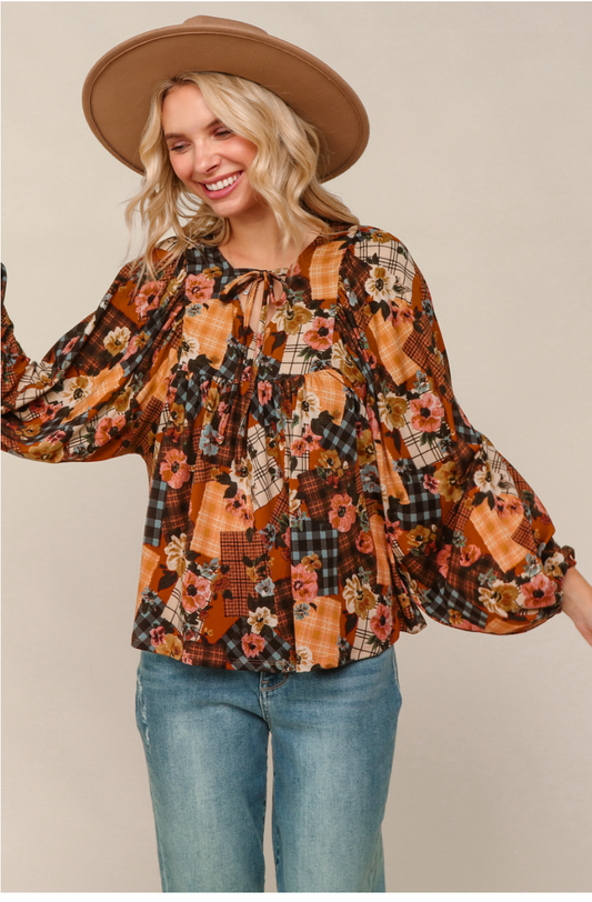 Bubble Sleeve Floral Print Top