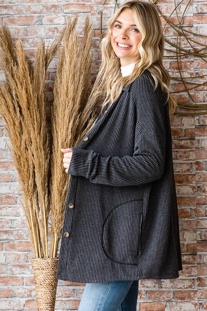 Button Down Side Pockets Long Sleeve Shacket