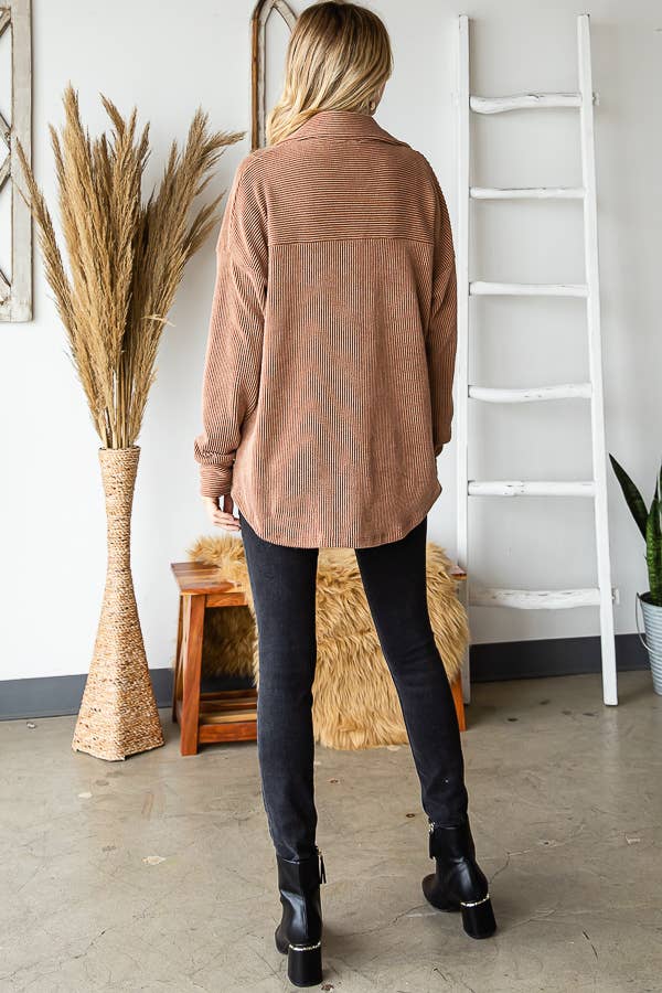 Rib Drop Shoulder Patch Pockets Button Down Shacket T4806