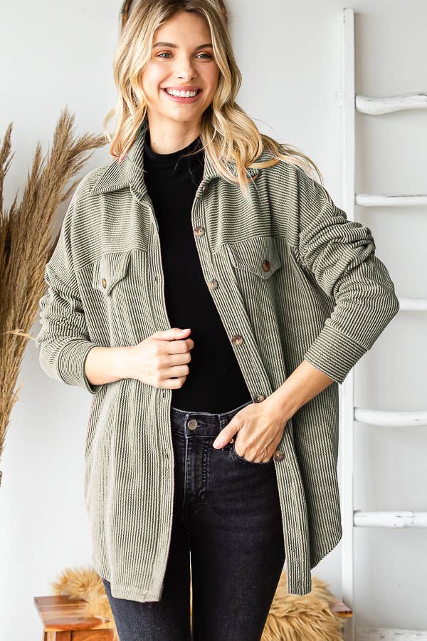 Rib Drop Shoulder Patch Pockets Button Down Shacket T4806
