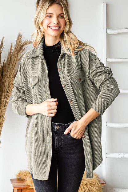 Rib Drop Shoulder Patch Pockets Button Down Shacket T4806