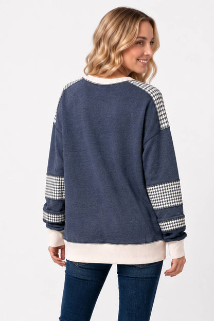 Color Block Houndstooth Contrast Sweatshirt T6490