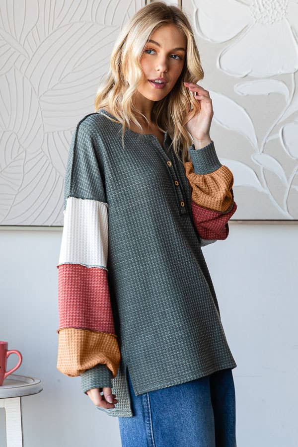 Waffle Knit Color Block Button Front Balloon Sleeve Top