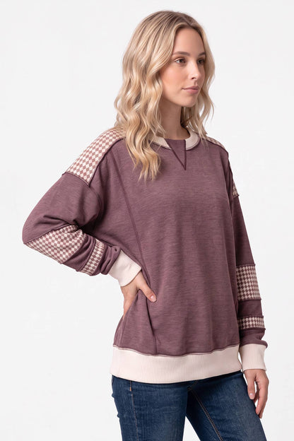 Color Block Houndstooth Contrast Sweatshirt T6490