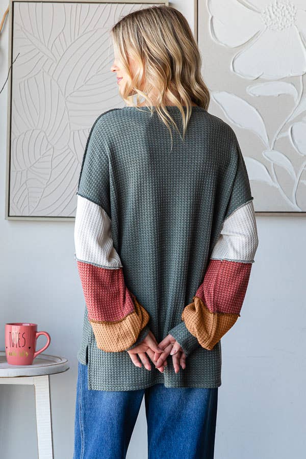 Waffle Knit Color Block Button Front Balloon Sleeve Top