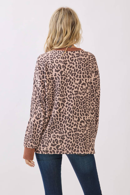 Rib Animal Print Drop Shoulder V Seam Long Sleeve Top T5817