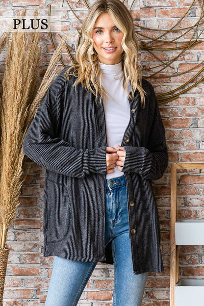 Ribbed Button-Front Cozy Cardigan – Forest Green PLUS