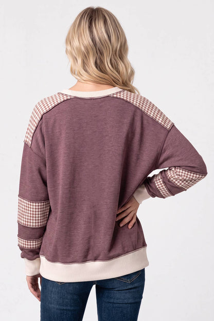 Color Block Houndstooth Contrast Sweatshirt T6490