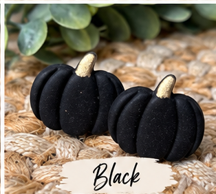Colorful pumpkin stud earrings in orange, pink, green, blue, white, black, leopard print, and other fall colors displayed together.