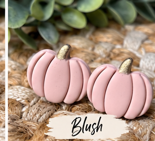 Colorful pumpkin stud earrings in orange, pink, green, blue, white, black, leopard print, and other fall colors displayed together.