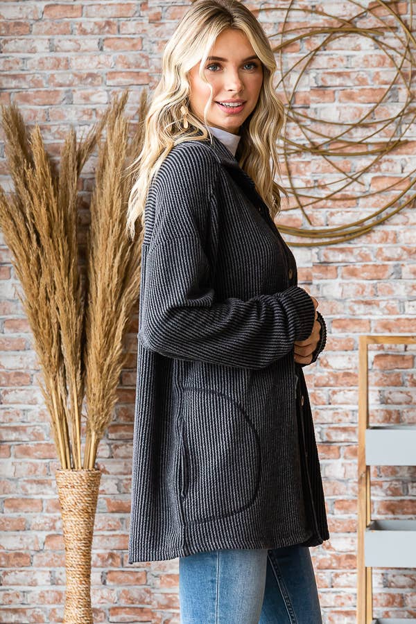 Button Down Side Pockets Long Sleeve Shacket