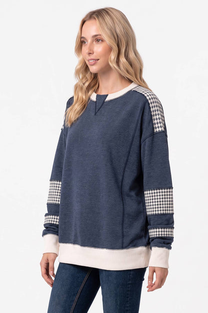 Color Block Houndstooth Contrast Sweatshirt T6490