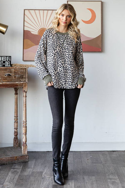 Rib Animal Print Drop Shoulder V Seam Long Sleeve Top T5817
