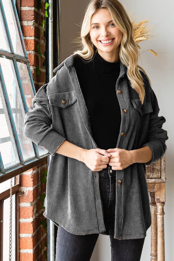 Rib Drop Shoulder Patch Pockets Button Down Shacket T4806