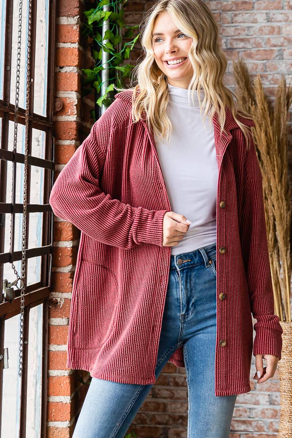 Button Down Side Pockets Long Sleeve Shacket