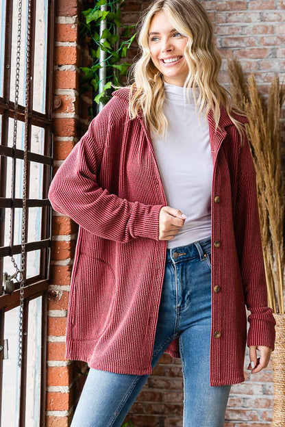 Button Down Side Pockets Long Sleeve Shacket