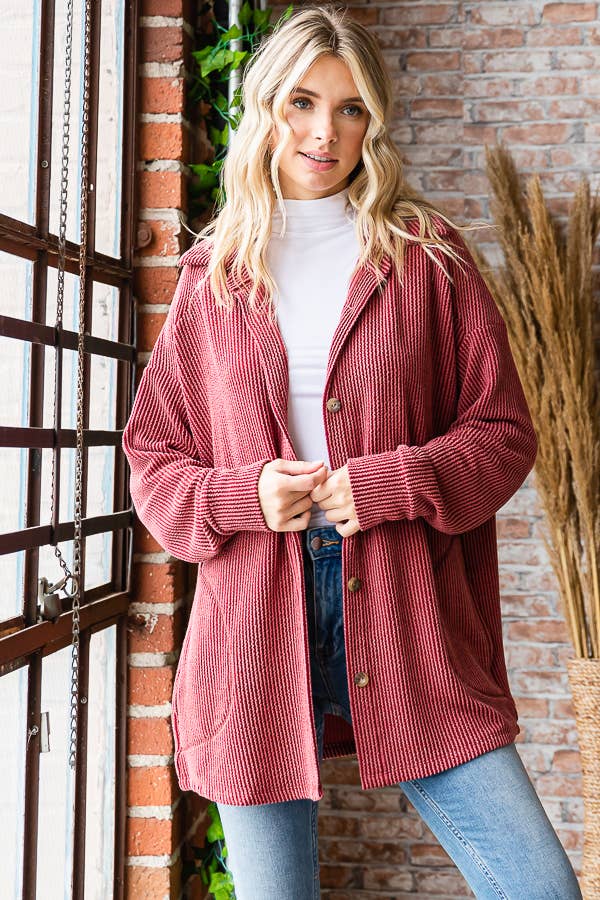 Button Down Side Pockets Long Sleeve Shacket