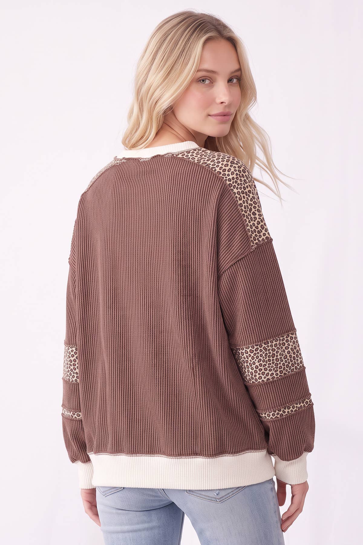[PLUS SIZE] Leopard Print Contrast ribbed Sweatshirt T6508XL