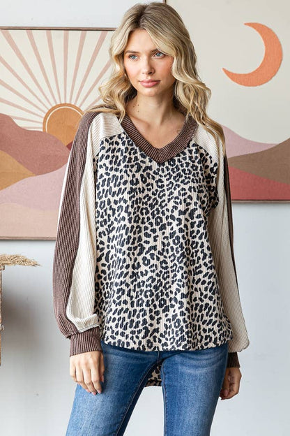 Animal Color Block V Neck Long Sleeve Pullover Top T5821