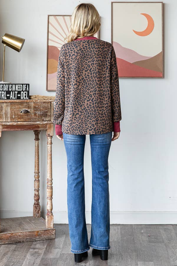 Rib Animal Print Drop Shoulder V Seam Long Sleeve Top T5817