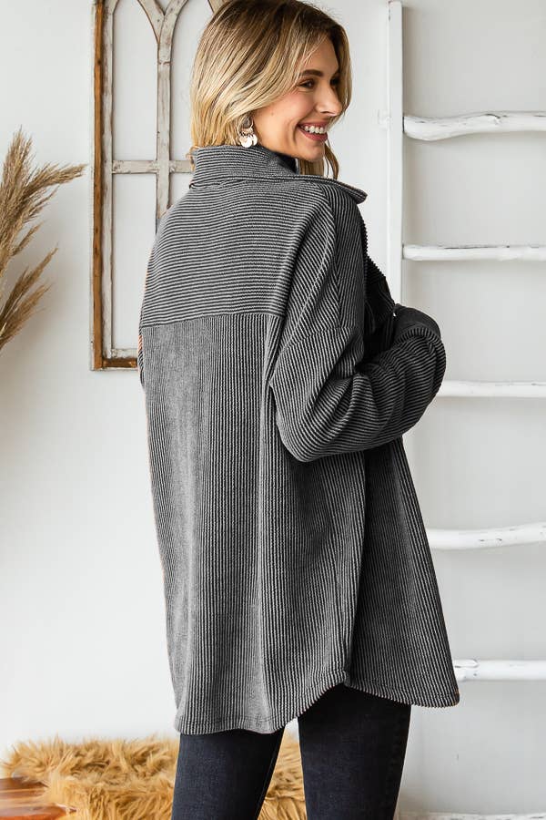 Rib Drop Shoulder Patch Pockets Button Down Shacket T4806