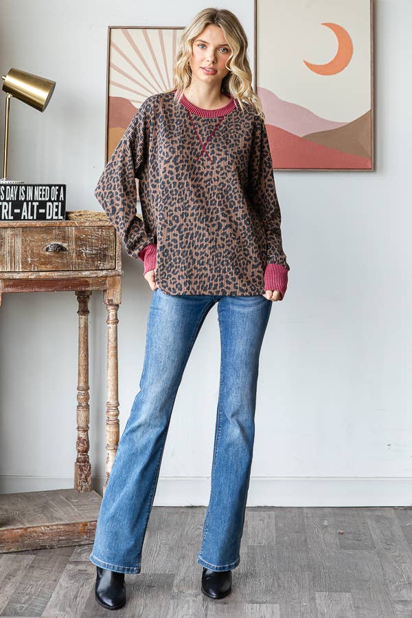 Rib Animal Print Drop Shoulder V Seam Long Sleeve Top T5817