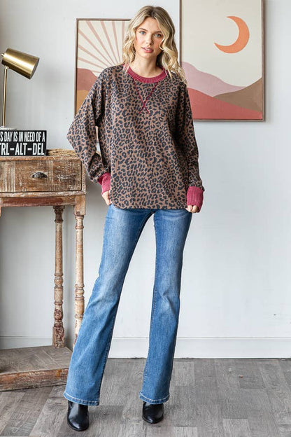 Rib Animal Print Drop Shoulder V Seam Long Sleeve Top T5817