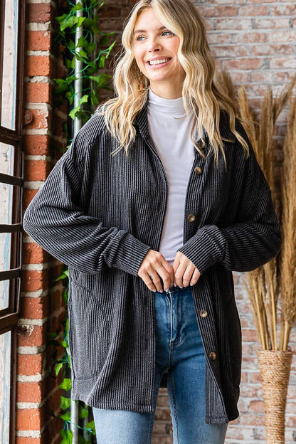 Button Down Side Pockets Long Sleeve Shacket