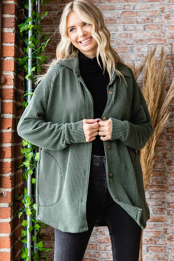 Button Down Side Pockets Long Sleeve Shacket