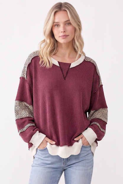 [PLUS SIZE] Leopard Print Contrast ribbed Sweatshirt T6508XL