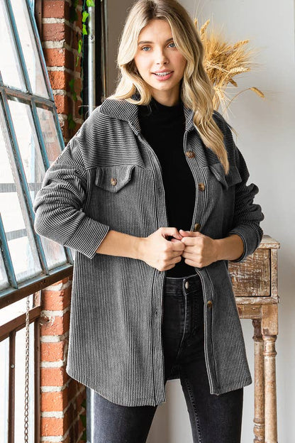 Rib Drop Shoulder Patch Pockets Button Down Shacket T4806