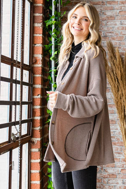 Button Down Side Pockets Long Sleeve Shacket