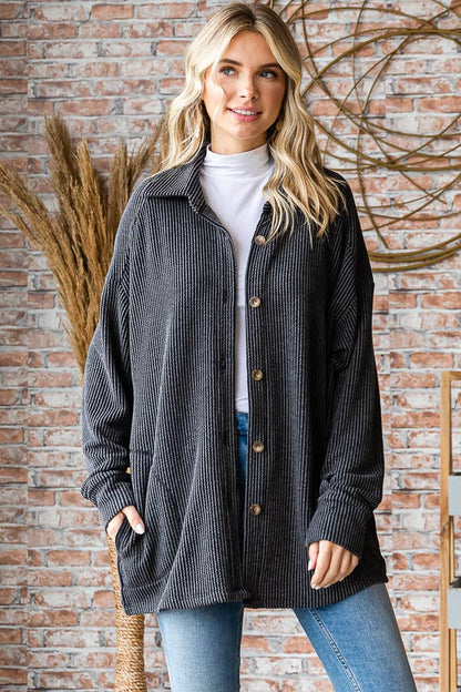 Button Down Side Pockets Long Sleeve Shacket